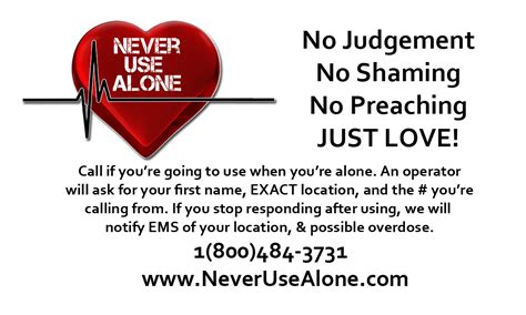 Never use alone - Never use Alone phone line: 1-800-484-3731; Brave app (overdose detection support) To find substance use treatment services: Washington Recovery Help Line (1-866-789-1511) 988 Suicide and Crisis Lifeline; For teens looking for support: TeenLink (1-866-833-6546) OpiRescue: Free overdose support tool that complements Naloxone use 